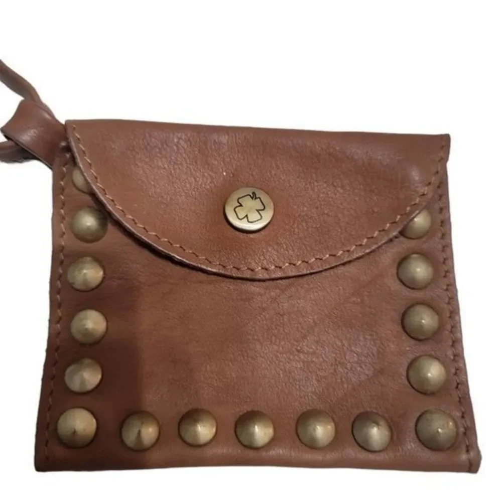 Leather Brown  Coin purse Wristlet Four Leaf Clover gold snap gold embellishment